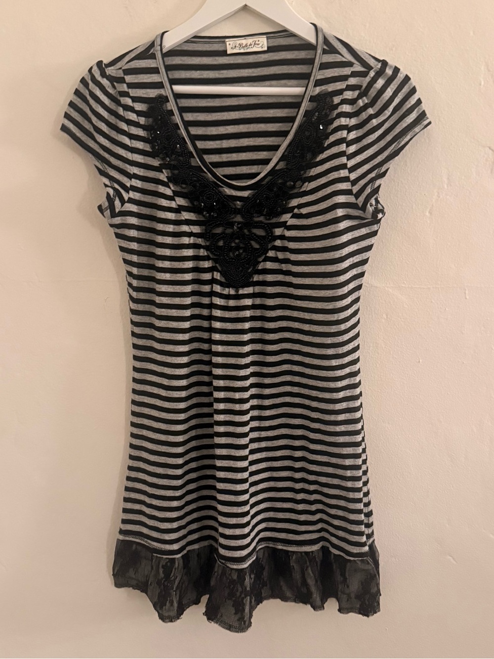 Belle Du Jour Black & Gray Striped Tunic Dress with Embellished V Neck